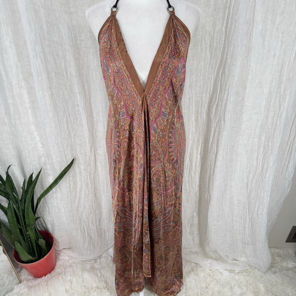 Silky Satin Boho Halter Midi Dress Earthy Paisley Indie Fairy Whimsy Low Back OS